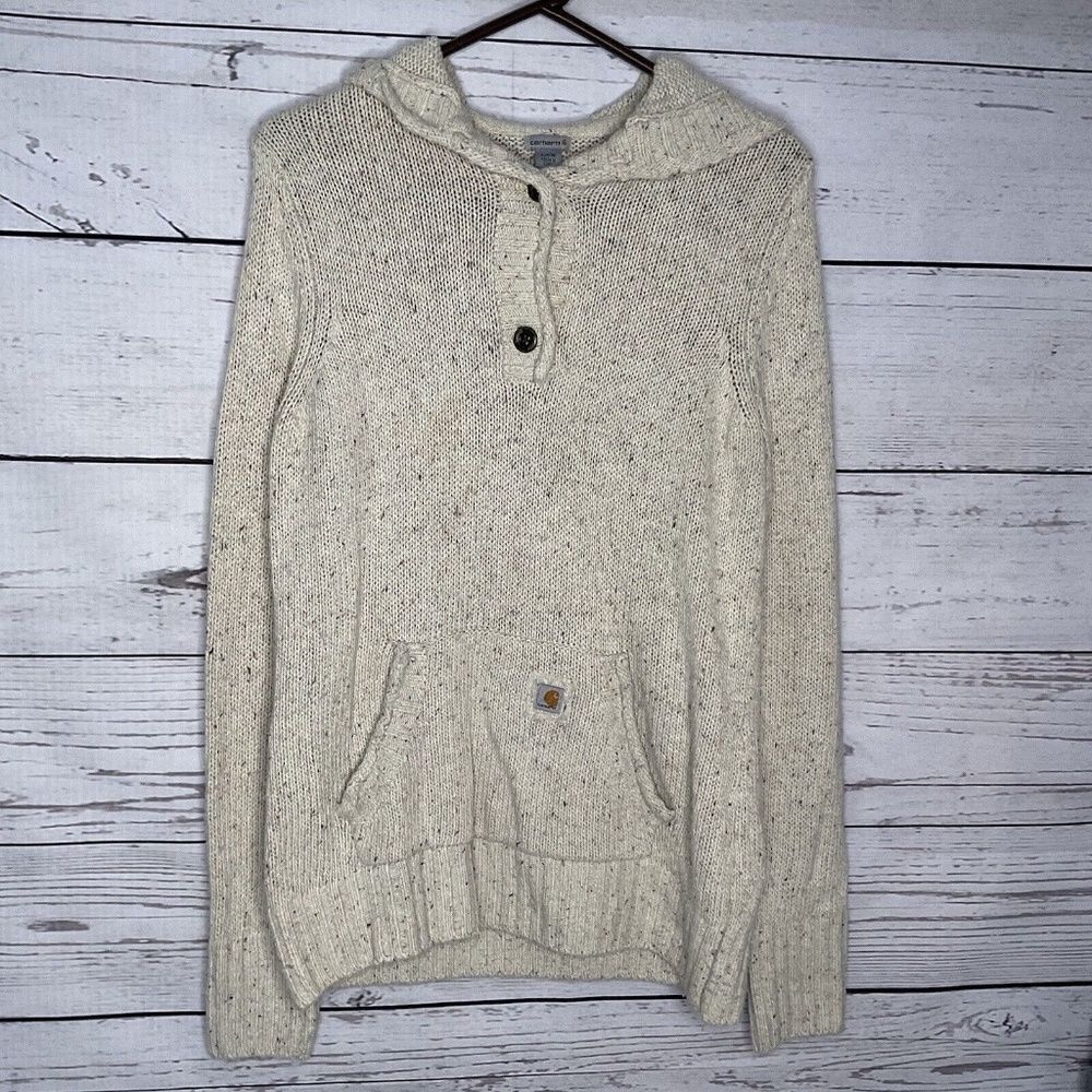 Vintage Carhartt Men's Size S Beige Lambswool Blend Knit Hooded Henley Sweater
